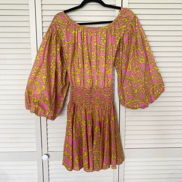 MISA JORDANA DRESS Smocked Waist Mini off the shoulder Dress Size Small - Picture 3 of 6
